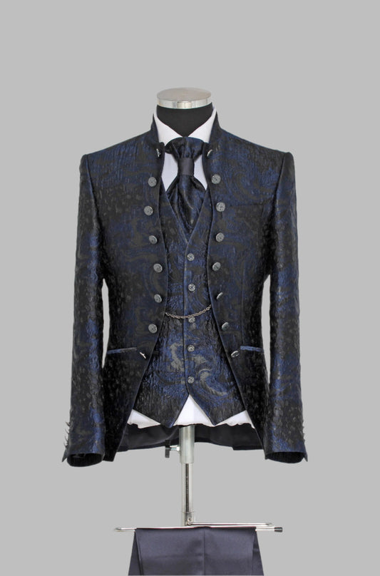 KOALA SYDNEY  3 Piece Textured Jacquard Mandarin Collar Navy Blue Men Tuxedo – Wessi