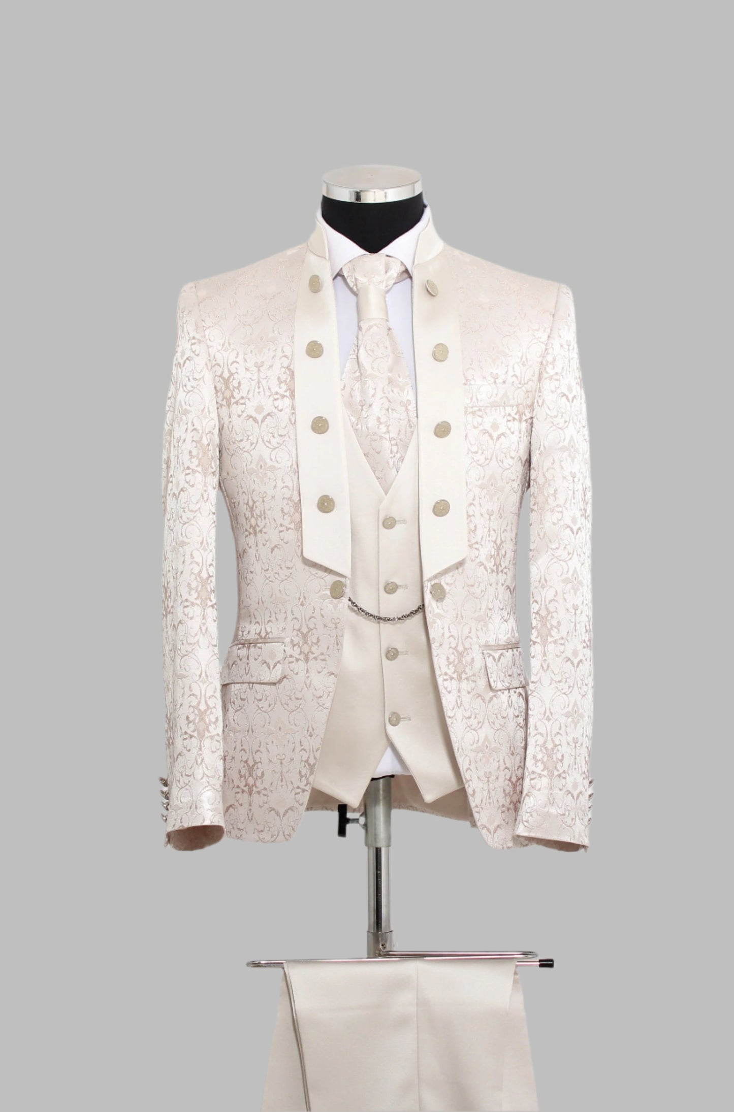 3 Piece Metallic Jacquard Mandarin Collar Champagne Cream Men Tuxedo – Wessi