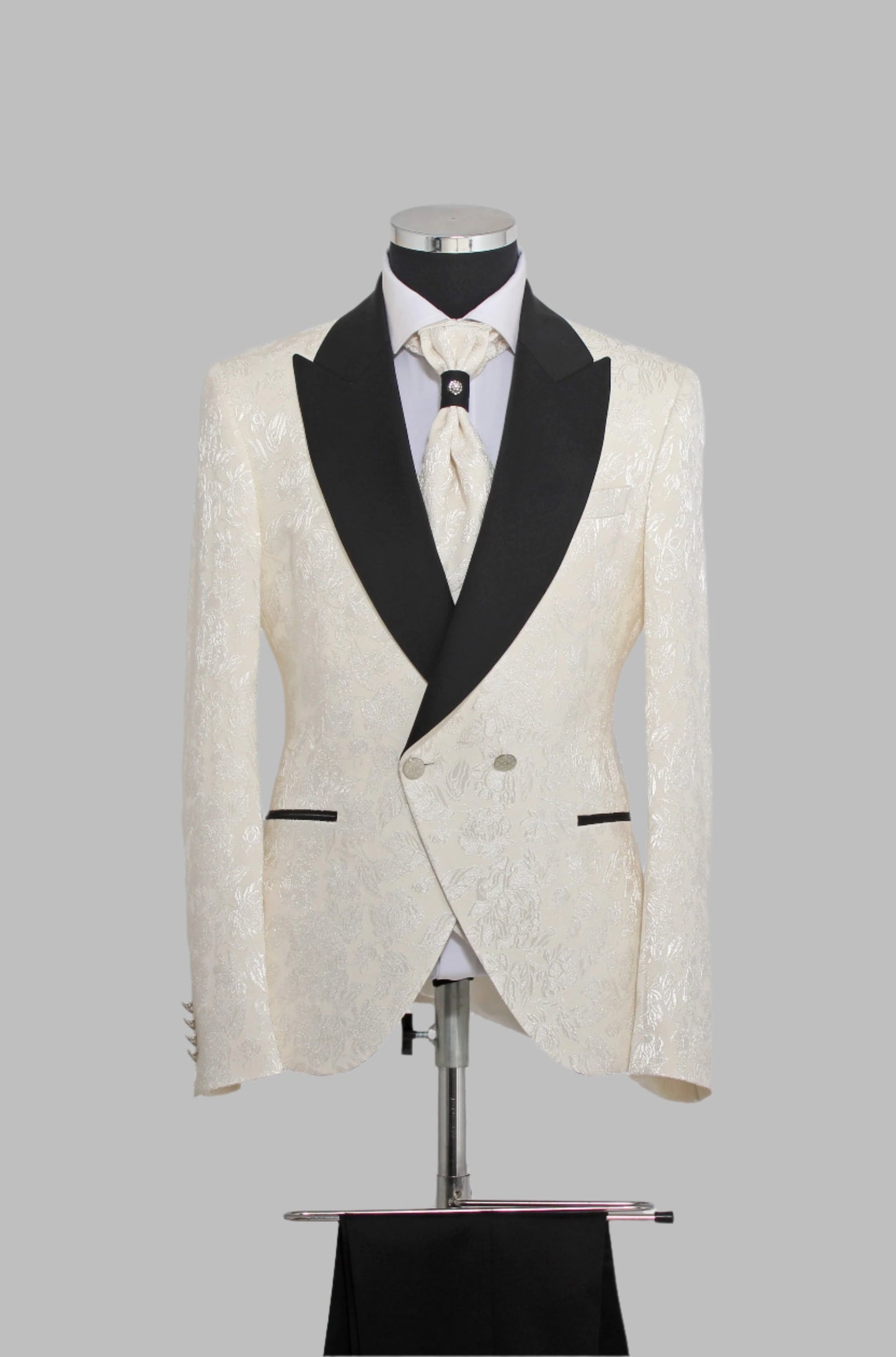 3 Piece Floral Jacquard Black Wide Satin Shawl Lapel Cream Men Tuxedo – Wessi