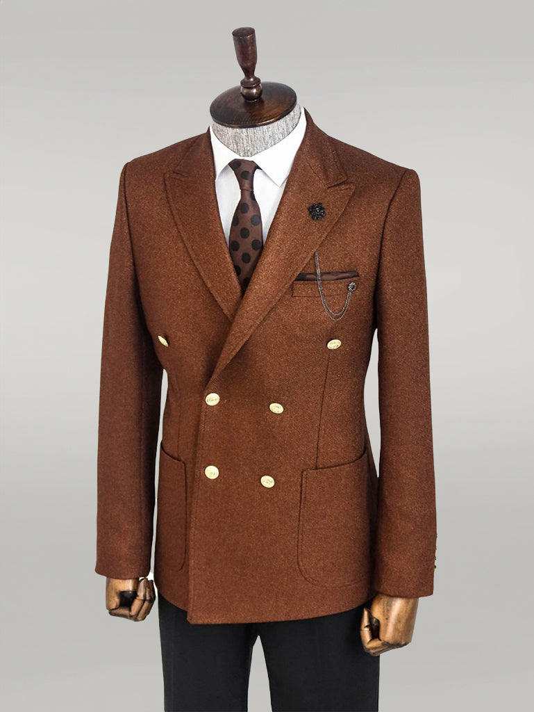 Double Breasted Slim Fit Brown Men Blazer