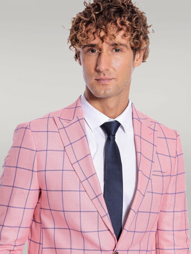 KOALA SYDNEY Blue Plaid Patterned Slim Fit Pink Men Blazer
