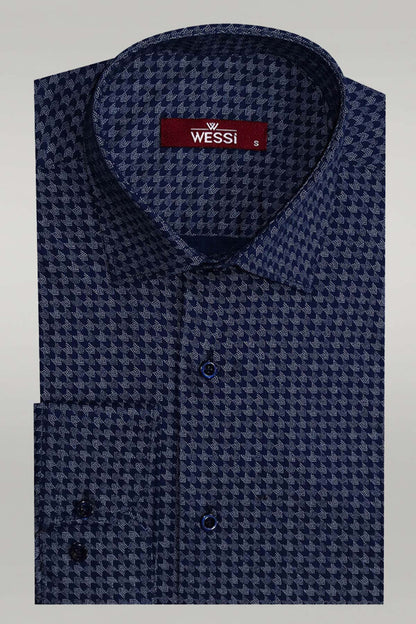 KOALA SYDNEY  Houndstooth Pattern Slim Fit Navy Blue Men Shirt -