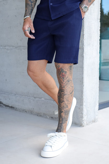 THE SLIM PLEATED SHORTS  - NAVY BLUE