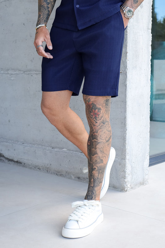 THE SLIM PLEATED SHORTS  - NAVY BLUE
