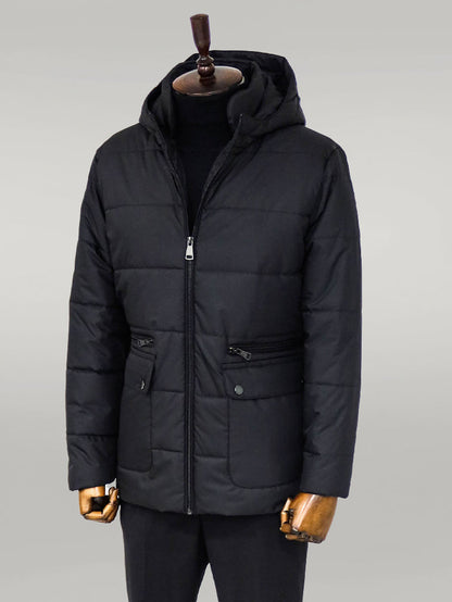 Slim Fit Hooded Black Men Coat