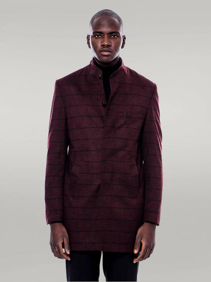 Mandarin Collar Burgundy Checked Coat
