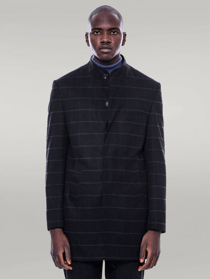 Mandarin Collar Black Checked Coat