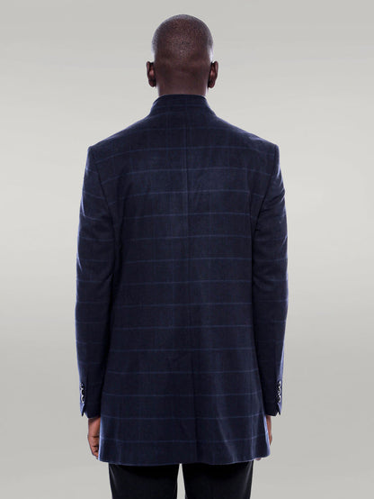 Mandarin Collar Navy Checked Coat