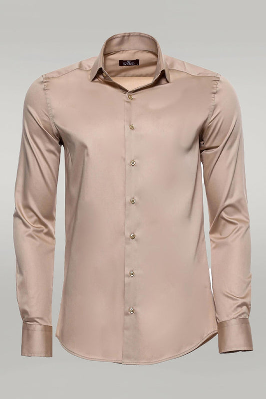 KOALA SYDNEY  Cotton Satin Plain Long Sleeves Slim Fit Beige Men Shirt -