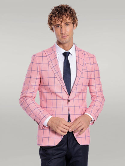 KOALA SYDNEY Blue Plaid Patterned Slim Fit Pink Men Blazer