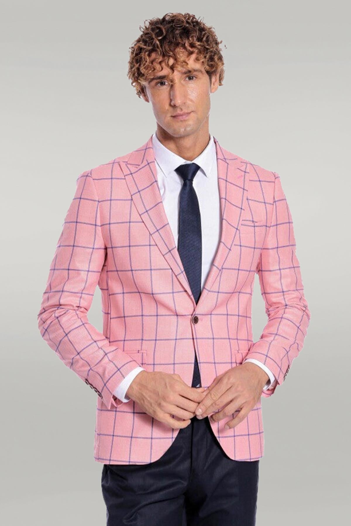 KOALA SYDNEY Blue Plaid Patterned Slim Fit Pink Men Blazer