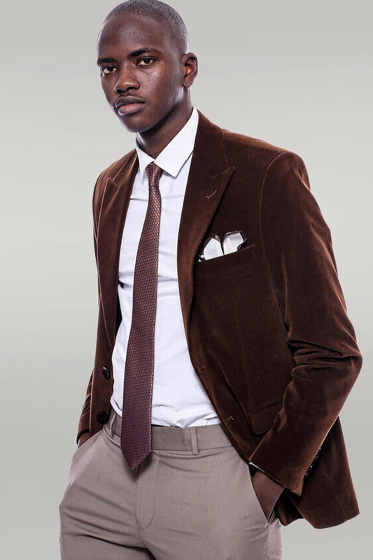 Wide Peak Lapel Velvet Brown Men Blazer -