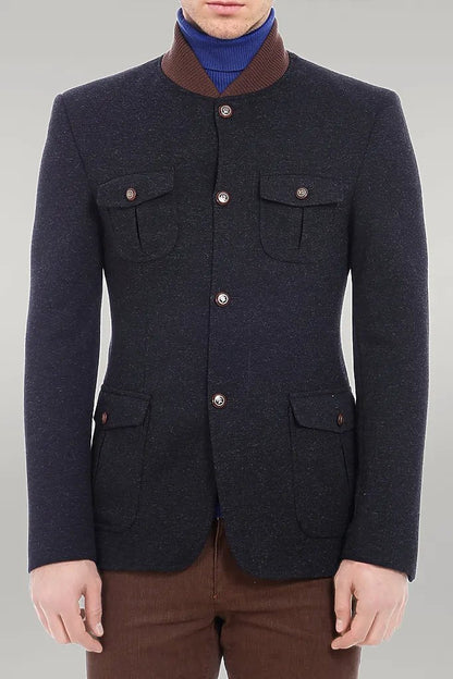 4 pocket Bag Pocket Knit Collar Black Jacket-Wessi