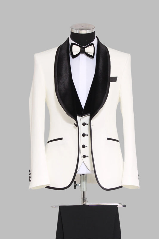 KOALA SYDNEY Plain 3-Piece Black Velvet Shawl Lapel Elegant White Men Tuxedo with Bow Tie