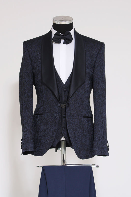 KOALA SYDNEY 3-Piece Patterned Single Button Satin Lapel Navy Blue Men's Tuxedo with Bow Tie