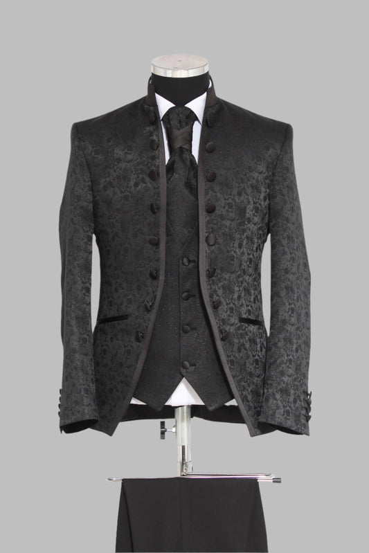 KOALA SYDNEY 3-Piece Shiny Floral Patterned Mandarin Collar Black Men's Tuxedo with Bow Tie