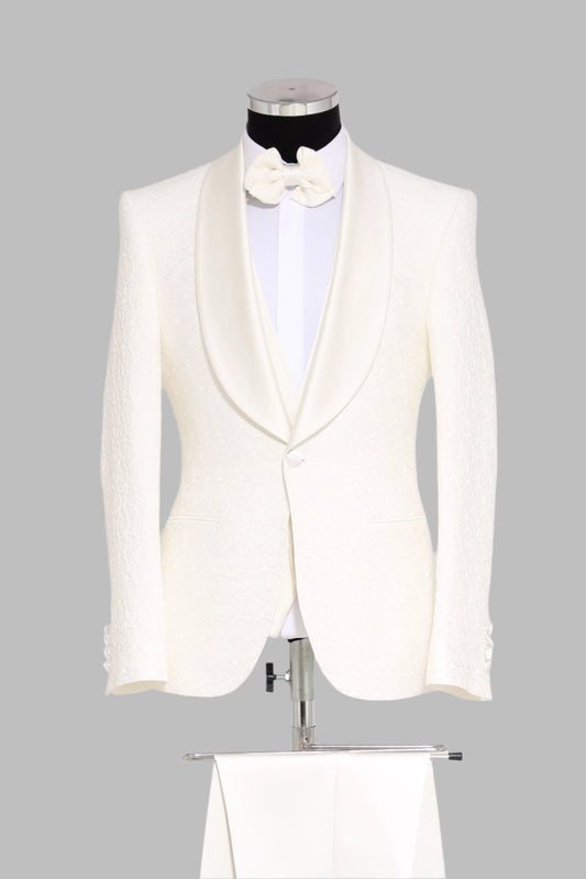 KOALA SYDNEY 3-Piece Textured Satin Lapel Ivory Men's Tuxedo with Bow Tie