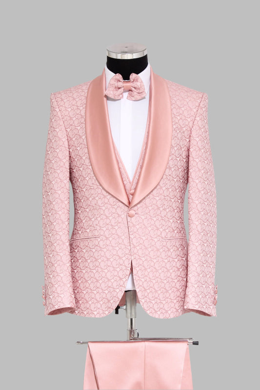 KOALA SYDNEY 3-Piece Textured Satin Lapel Pink Men's Tuxedo with Bow Tie