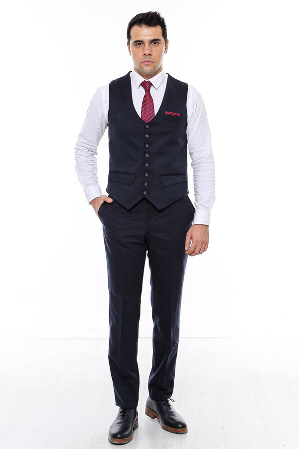 8 Buttoned Plain Navy Blue Vest