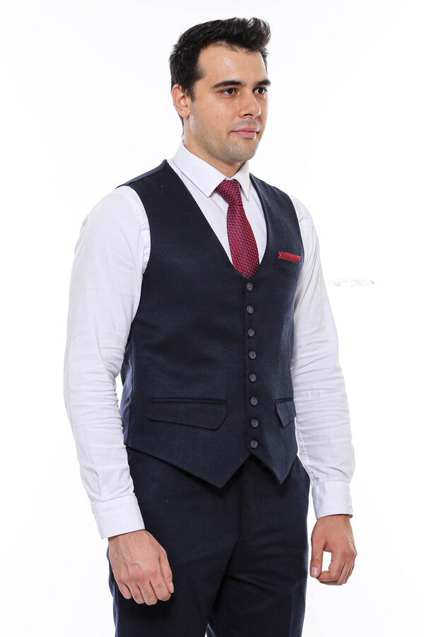 8 Buttoned Plain Navy Blue Vest