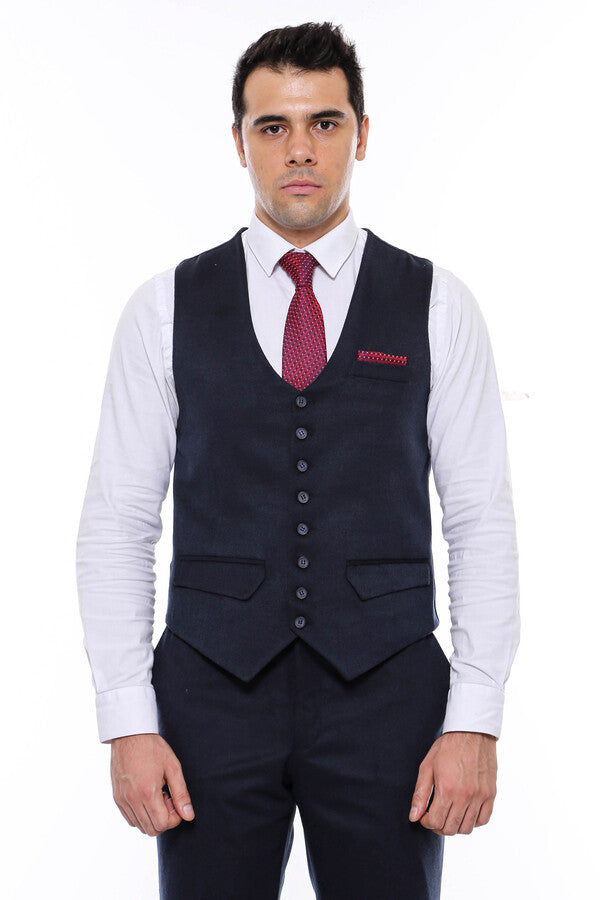 8 Buttoned Plain Navy Blue Vest