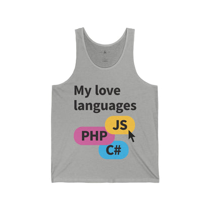 My Love Languages Man Jersey Tank Tops - PHP, JS, C# Coding Humor Tee