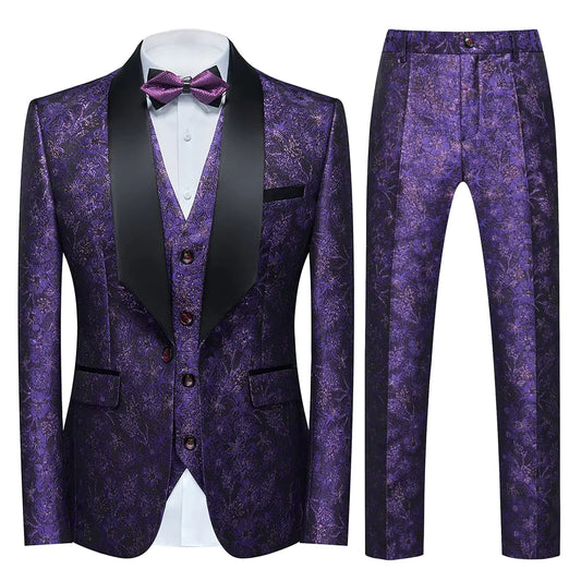KOALA SYDNEY  Floral 3-Piece Men's Tuxedo Purple Wedding Suit Set