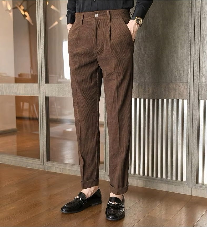 Men's Corduroy Dress Pants, Slim Fit, Smart Casual Trousers for All Seasons