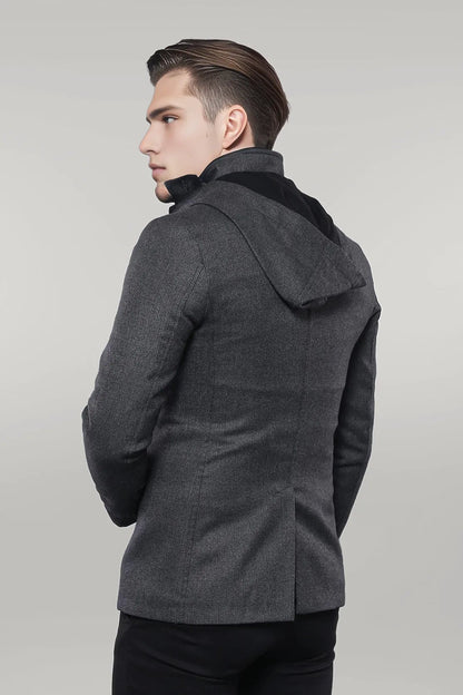 3 Pockets Hooded Zippered Wool Grey Men Short Coat-Wessi