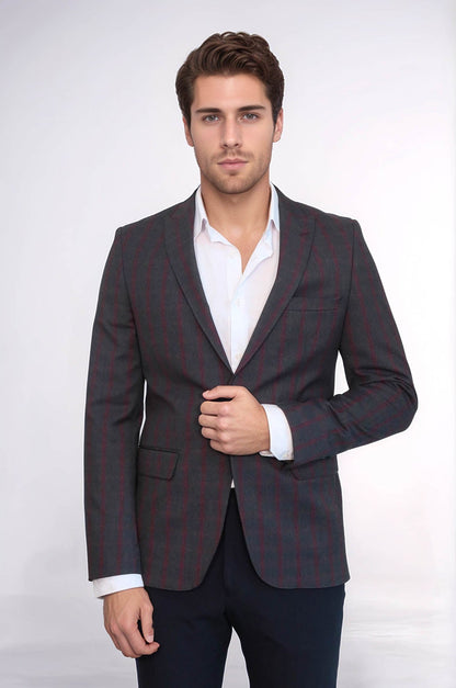 Checked Slim-Fit Dark Grey Men Blazer - Wessi