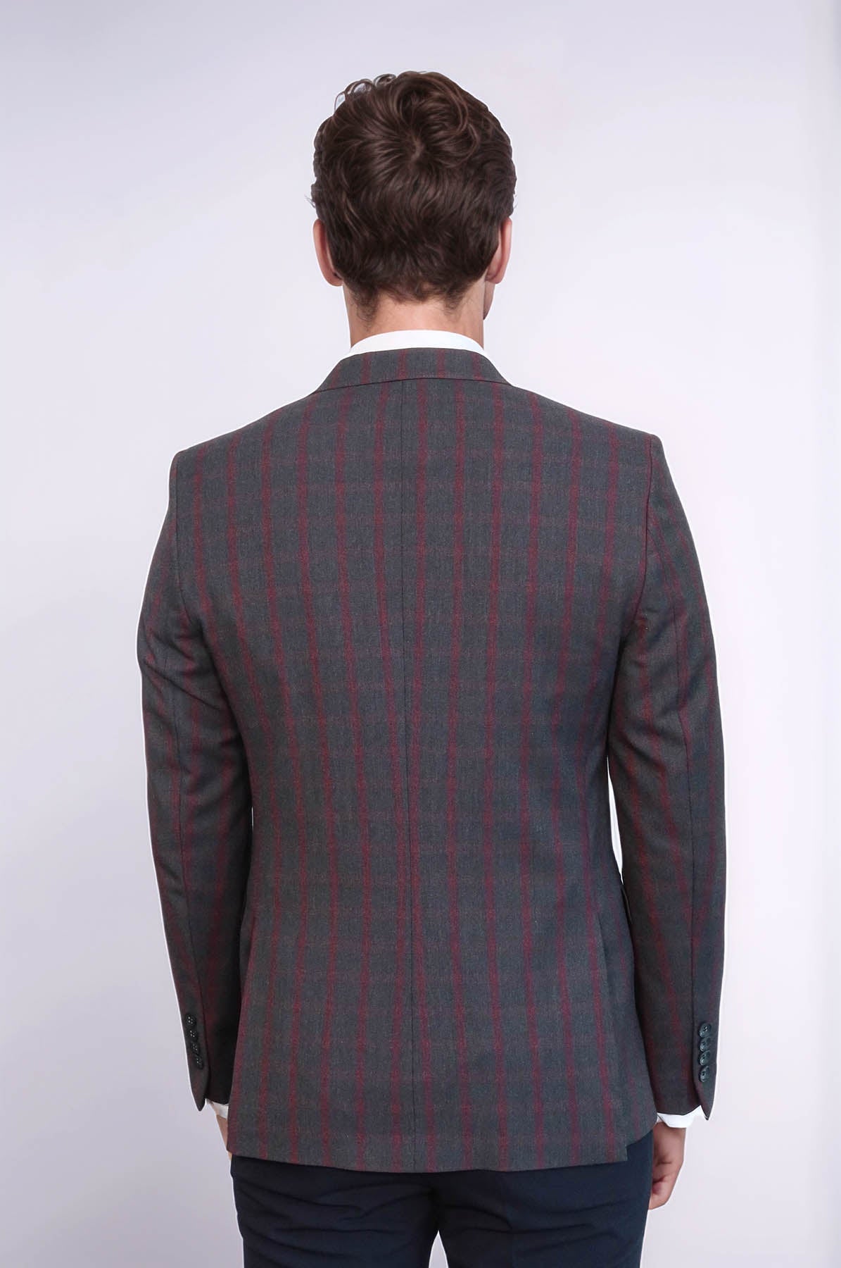 Checked Slim-Fit Dark Grey Men Blazer - Wessi