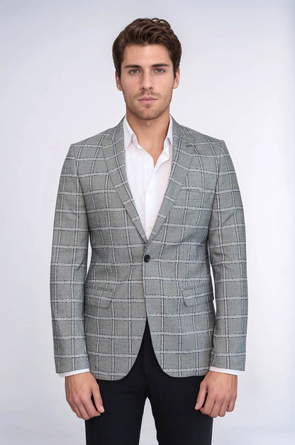 Checked Slim-Fit Grey Men Blazer