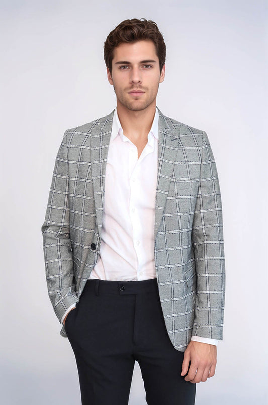 Checked Slim-Fit Grey Men Blazer