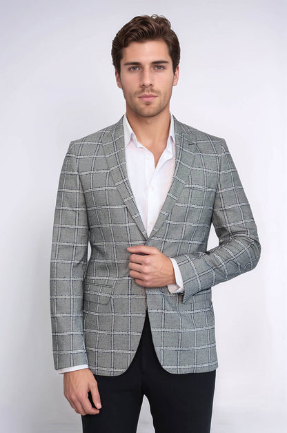 Checked Slim-Fit Grey Men Blazer