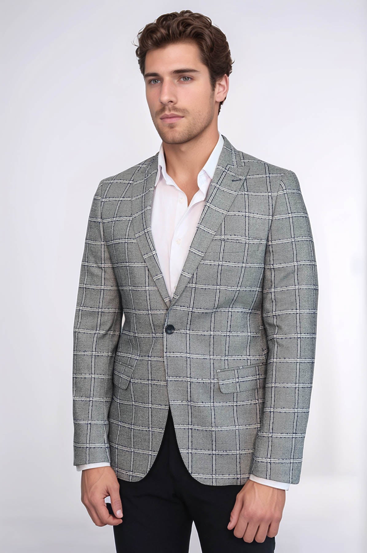 Checked Slim-Fit Grey Men Blazer