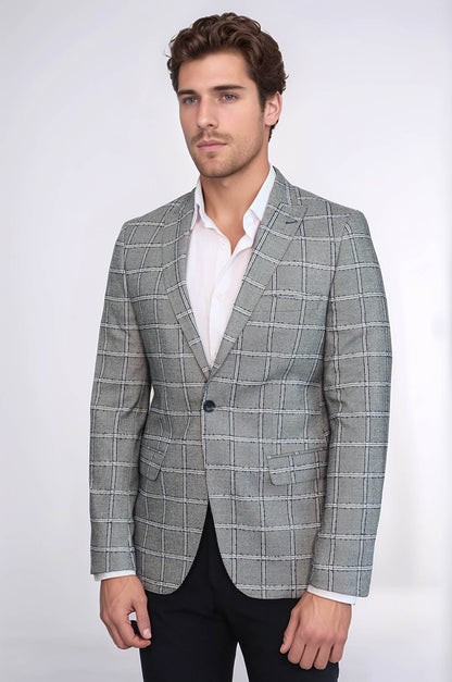 Checked Slim-Fit Grey Men Blazer