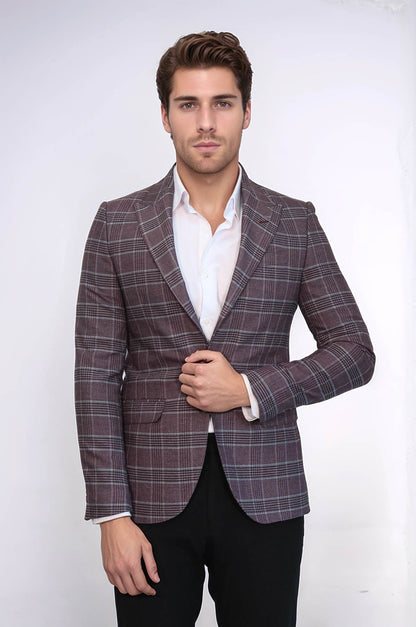 Slim-Fit Checked Burgundy Men Blazer - Wessi