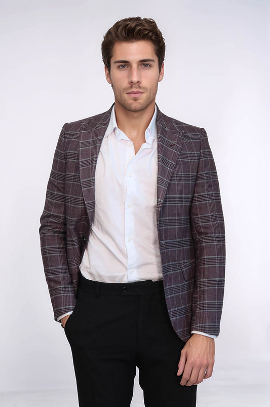 Slim-Fit Checked Burgundy Men Blazer - Wessi