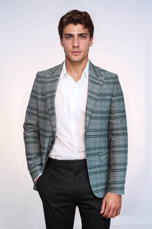 Checked Slim Fit Single Button Green Men Blazer - Wessi