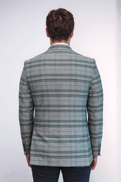 Checked Slim Fit Single Button Green Men Blazer