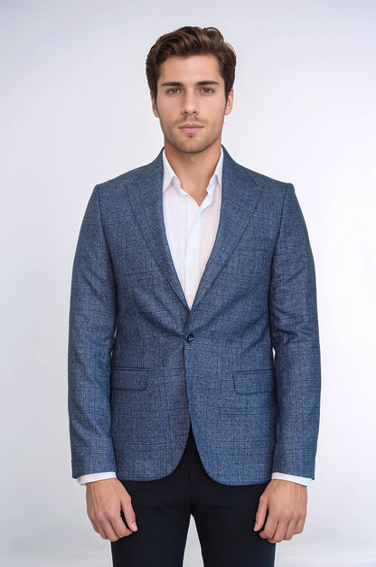 Checked Slim-Fit Single Button Navy Blue Men Blazer