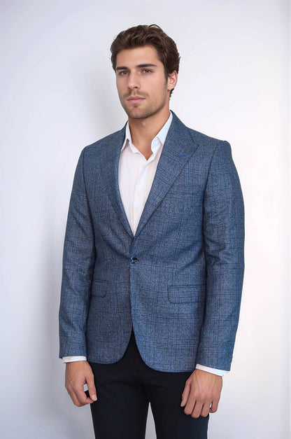 Checked Slim-Fit Single Button Navy Blue Men Blazer