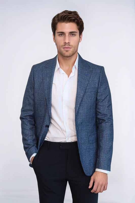 Checked Slim-Fit Single Button Navy Blue Men Blazer