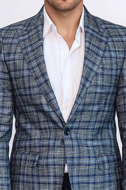 Checked Slim-Fit Single Button Navy Blue Men Blazer