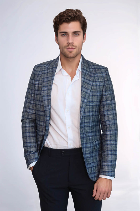 Checked Slim-Fit Single Button Navy Blue Men Blazer