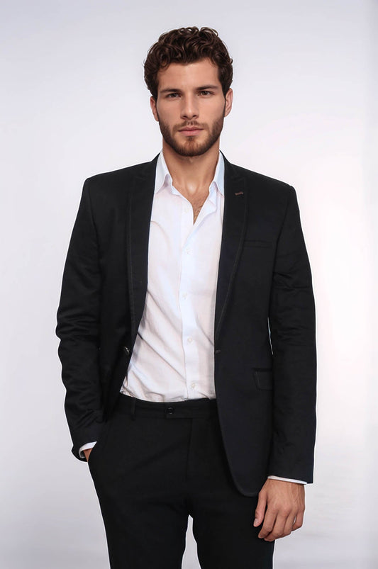 Single Button Cotton Mono Lapel Black Jacket-Wessi