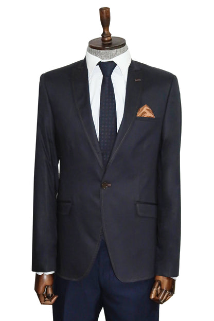 Single Button Cotton Mono Lapel Navy Blue Jacket-Wessi