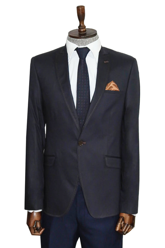 Single Button Cotton Mono Lapel Navy Blue Jacket-Wessi