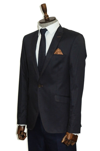 Single Button Cotton Mono Lapel Navy Blue Jacket-Wessi