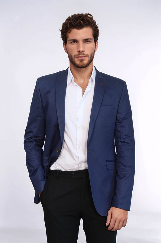Single Button Cotton Mono Lapel Dark Blue Jacket-Wessi